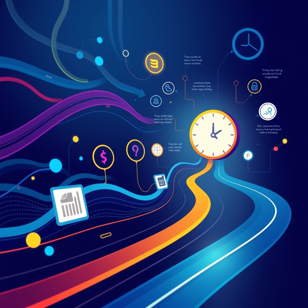 Abstract data streams flowing into a product roadmap with feature icons and a clock