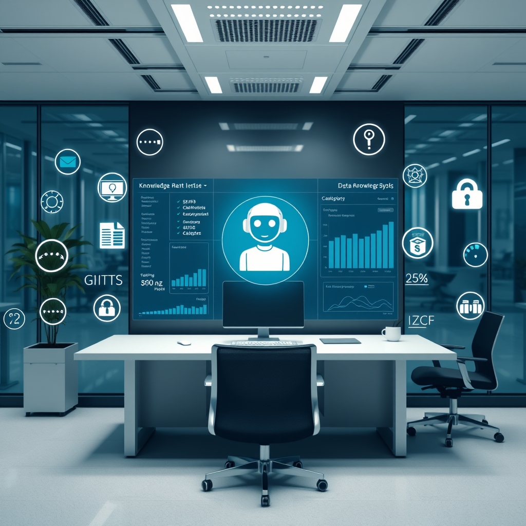 Illustration of an AI chatbot assisting a support ticket workflow in a modern office.