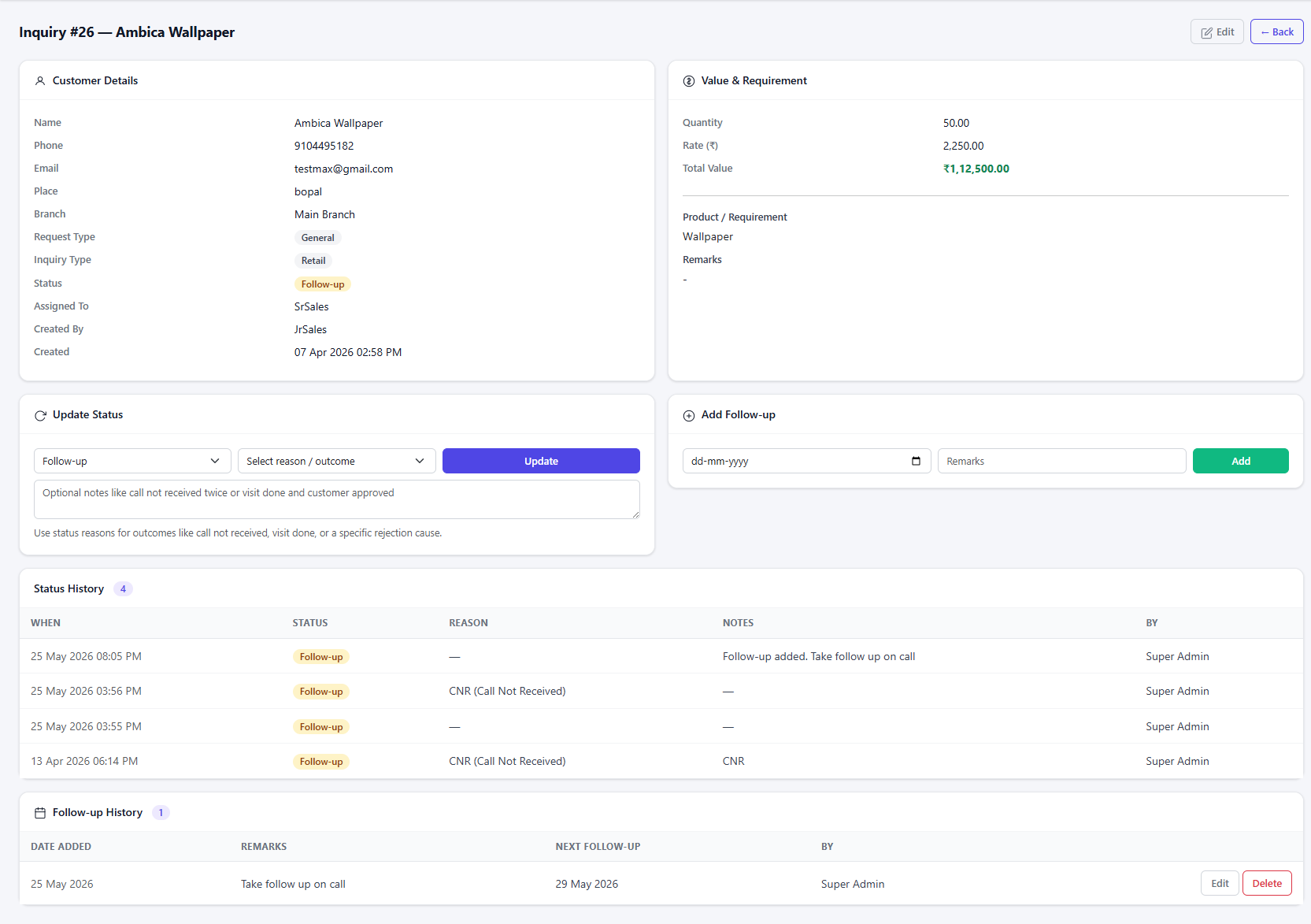 Inquify Inquiry Detail with Status & Follow-up History
