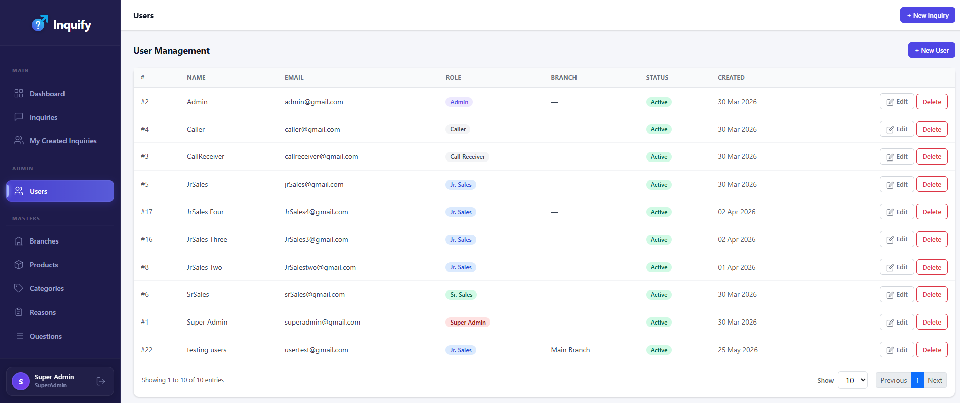 Inquify User Management & Roles Screen
