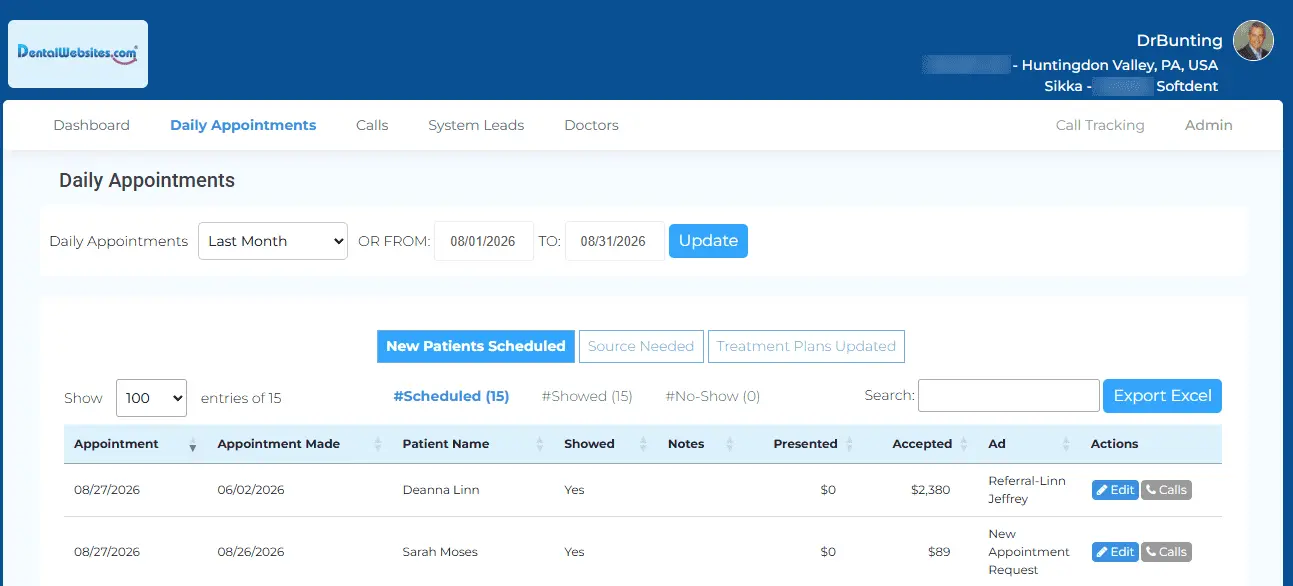 DentalWebsites.com daily appointments screen with scheduled, showed, and no-show tracking by marketing source