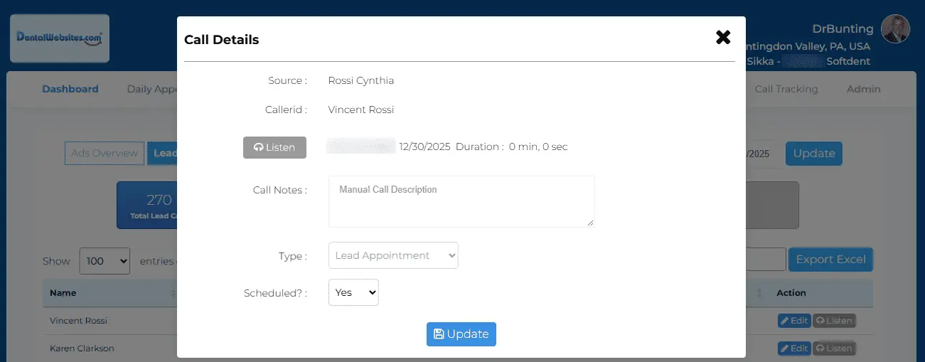 DentalWebsites.com call detail view with source, recording, notes, and lead type classification