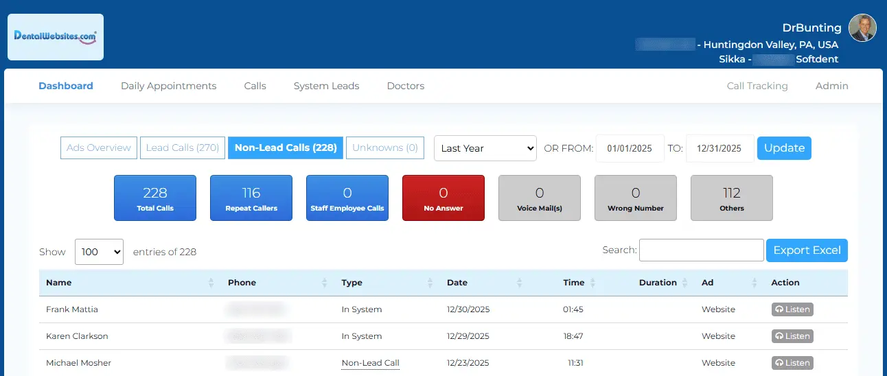 DentalWebsites.com non-lead call records with repeat caller breakdown and call recording playback
