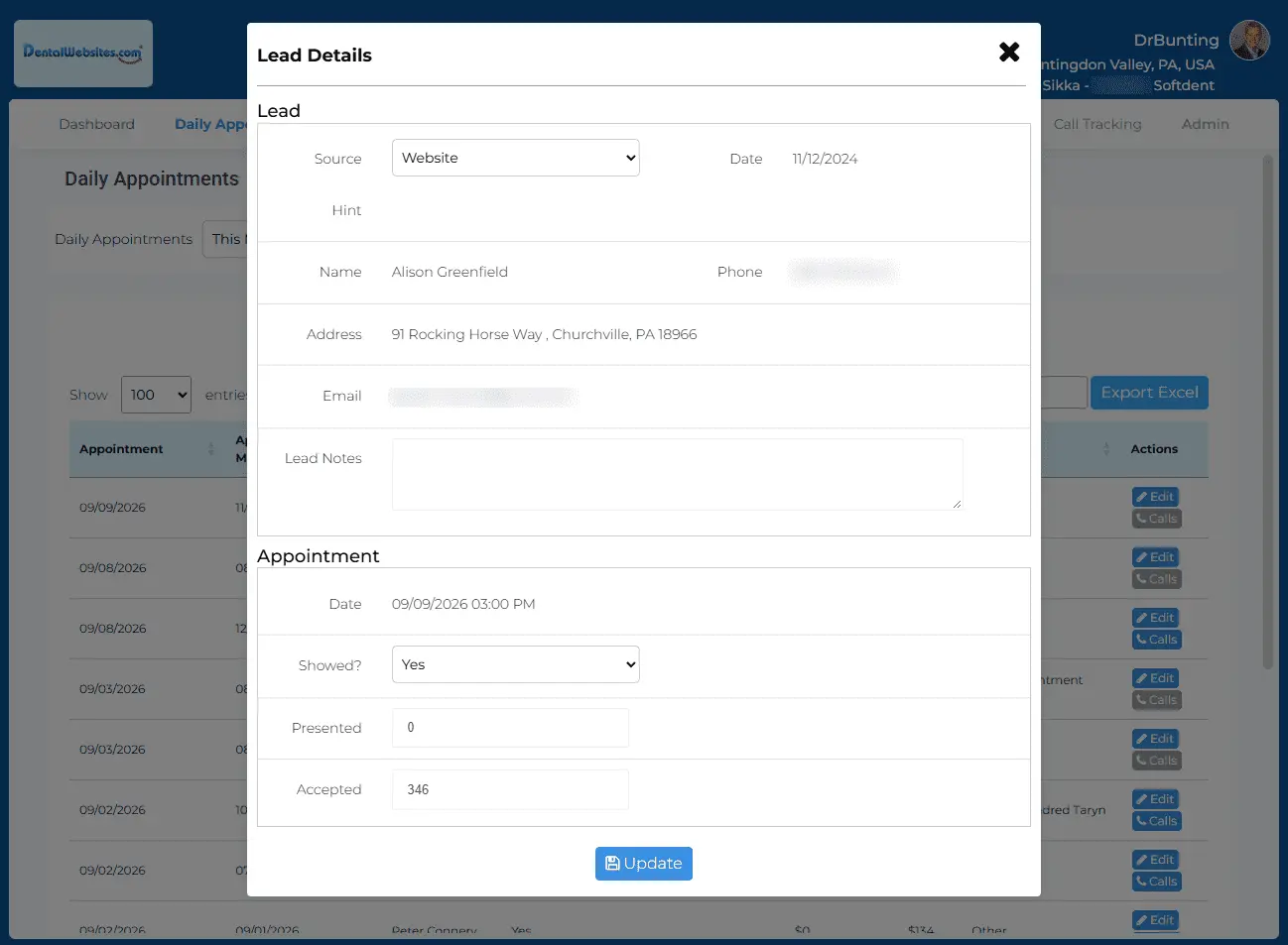 DentalWebsites.com lead details with source attribution and appointment outcome