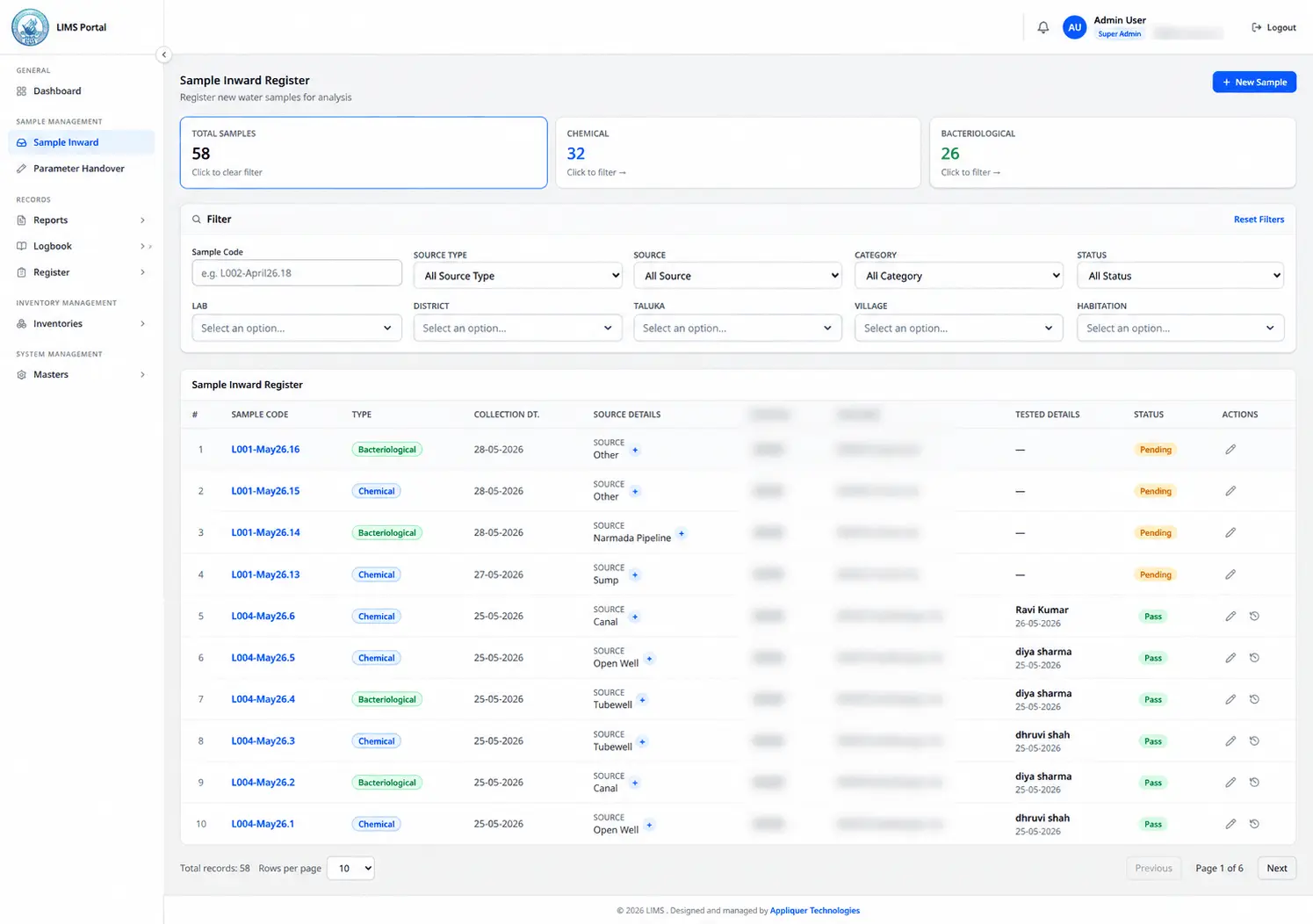 LIMS Sample Inward Registration Screen