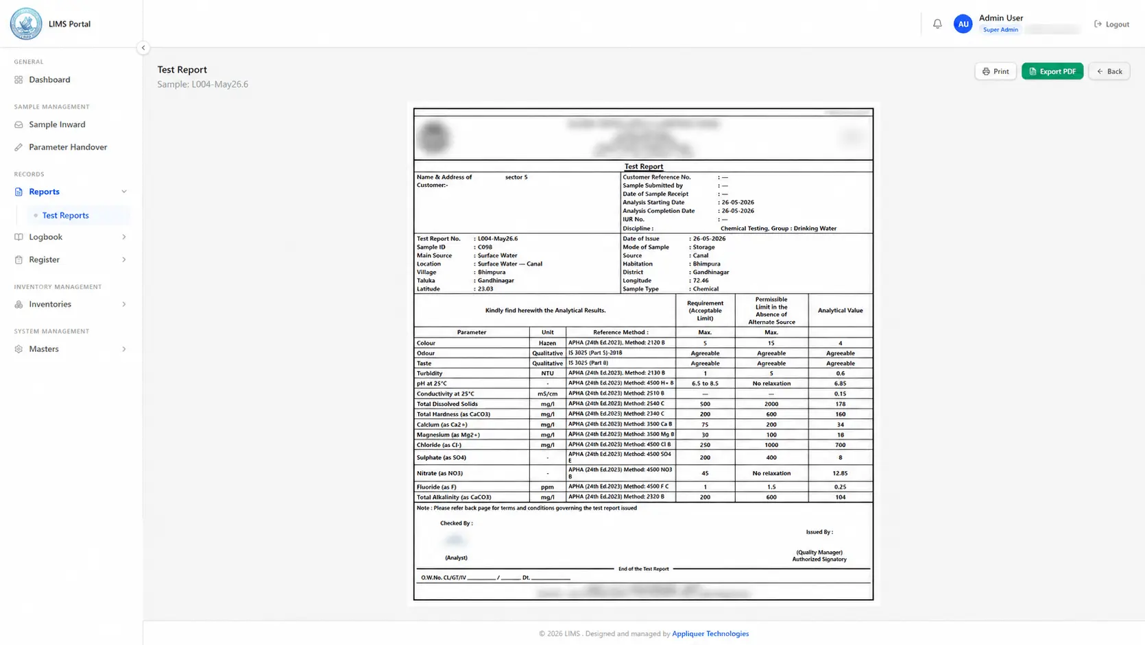 LIMS Sample Test Report Screen