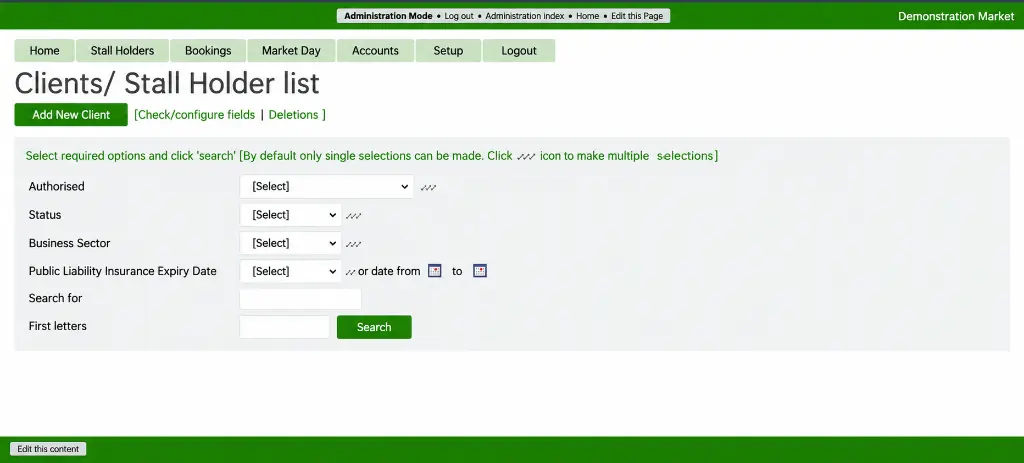 Sitetrak Stallholder List & Filters Interface