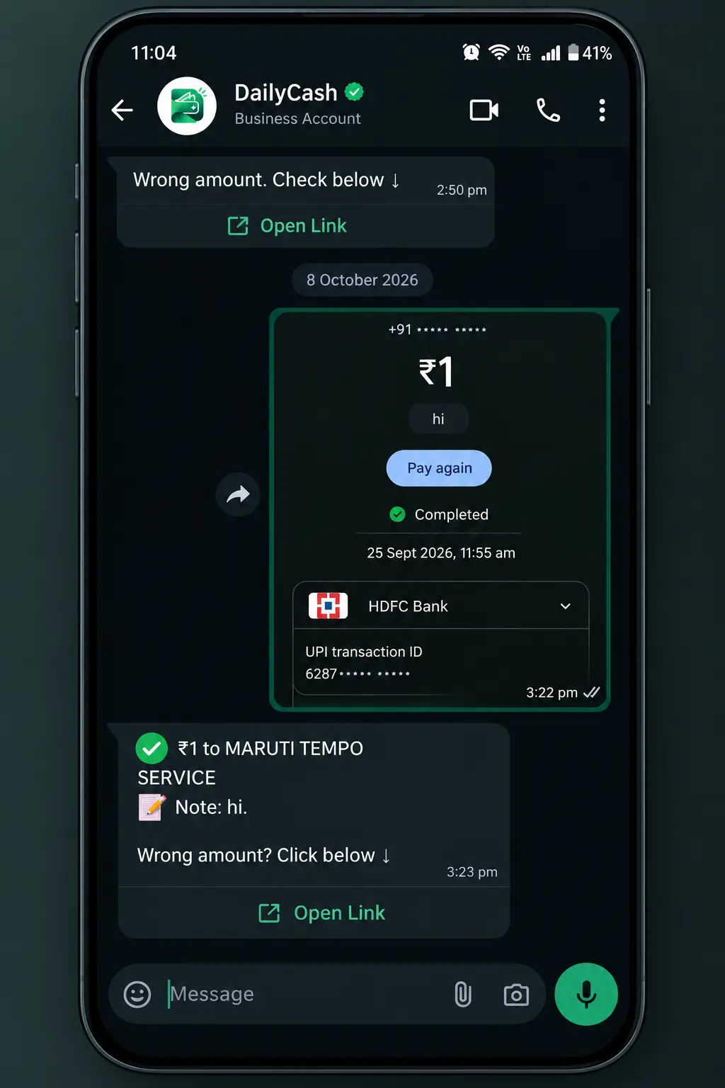 DailyCash WhatsApp chat: a UPI payment screenshot followed by an instant confirmation message